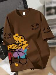 Teen Boys Street Graffiti Bear Design, Short Sleeve Loose Soft Cool Tee, Street Casual Wear Summer, Boys Tops