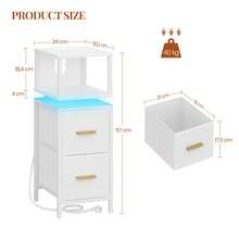 Mesita de Noche, Mesillas de Noche con Luces RGB y Estación de Carga, 2 Cajones, Mesa Auxiliar, con Estante Abierto para Dormitorio, Sala de Estar Moderno 30,2 x 24 x 67 cm Blanco