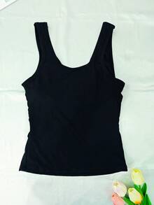 1 Stück Damen Trägerhemd, ärmelos, breite Schulter, seitlicher Busenausschnitt verdeckt, schwarz, gepolsterter Brustbereich, kann als Oberbekleidung getragen werden, schmale Passform