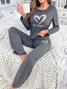 Women's Pajama Set 2 Piece: Soft Long Sleeve Sleep Shirt +  Long Pants With Elastic Waistband For Sleeping - Xám - Xem 2