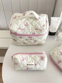 L/M/S Rosa Schleifenmuster Make-up Tasche Set, Blumen Kosmetiktasche, ästhetische Kulturtasche, Reise-Organizer für Frauen und Mädchen, große bedruckte Vintage-Steppdecken-Make-up-Tasche für Frauen, Hautpflege-Organizer-Tasche mit Blumendruck, Make-up-Organizer-Aufbewahrungstasche, Herbst-Uni-Essentials, Reise-Essentials, Urlaubsreise-Tasche für Frauen
