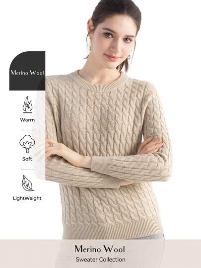 Women's Merino Wool Sweater 2025 Fall Winter Classic Cable Crew Neck Long Sleeve Warm Soft Knit Pullover Sweater