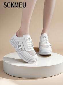 SCKMEU 1 双女式网眼拼布一脚蹬穆勒鞋，厚底时尚休闲运动鞋 - 白色 - 查看 7