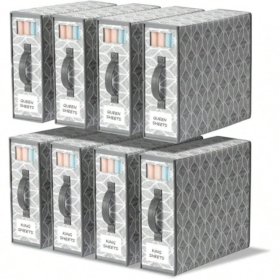 4 Pack Sheet Organizers And Storage With Clear Window And Label Foldable Bed Sheet Organizer For Linen Closet Fabric Bedding Storage Box For Duvet Covers Pillowcases Queen And King Size Greygift - 8 Pack - 查看 1