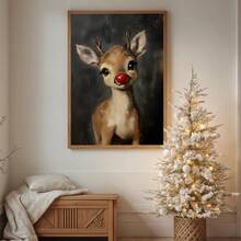 1pc Christmas Rudolph Painting Reindeer Print, Whimsical Deer Christmas, Red Nose Christmas Wall Art, Atmospheric Vintage Rudolph Poster, Rustic Artwork, Canvas Wall Art, Posters For Room, Home Decor, Room Decor Aesthetic, Room Decoration Stuff. Optional Frame Christmas Decorations - Multicolor - View 2