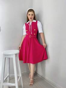 Midi Flared Dress In Evangelical Fashion In Tweed Fabric With Buttons On The Front And Bow - 粉紅玫瑰 - 查看 6