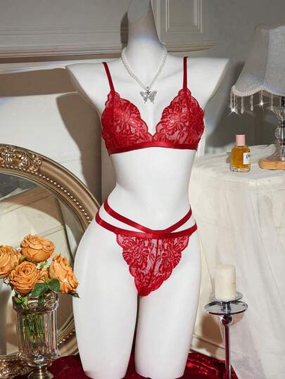 New Lace Women's Sexy Lingerie Set, Adjustable Straps Triangle Cup Bra And Briefs Deep-V Bra And Brief Set Sexy Underwear Set