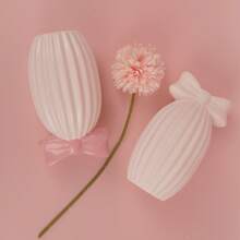 White Ceramic Vase Set With Pink Bow Decor - Home Decor Room Vase Glass Vase - Pink - View 7