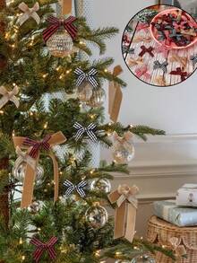 60 件迷你圣诞丝带蝴蝶结，白色、亚麻色和格子丝带蝴蝶结，冬季家居装饰，圣诞装饰，红色和黑色格子，农舍风格蝴蝶结装饰，派对用品，适用于冬季装饰、家居、墙壁和树木装饰，圣诞装饰 - 彩色 - 查看 1