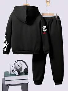 男童卡通印花保暖连帽衫和运动裤套装 - 黑色 - 查看 2