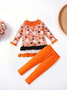Toddler Girls Hallloween Clothes Set Ghost Pattern Long Sleeve Ruffled Ttim Tops With Striped/Solid Color Pants 2 Pcs Outfit - Orange - View 5