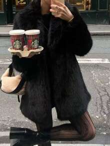 Áo khoác mùa đông ấm áp dáng rộng viền lông giả dành cho nữ cỡ lớn DEEKA, kiểu dáng Châu Âu/Mỹ, màu đen. - màu đen - Xem 4