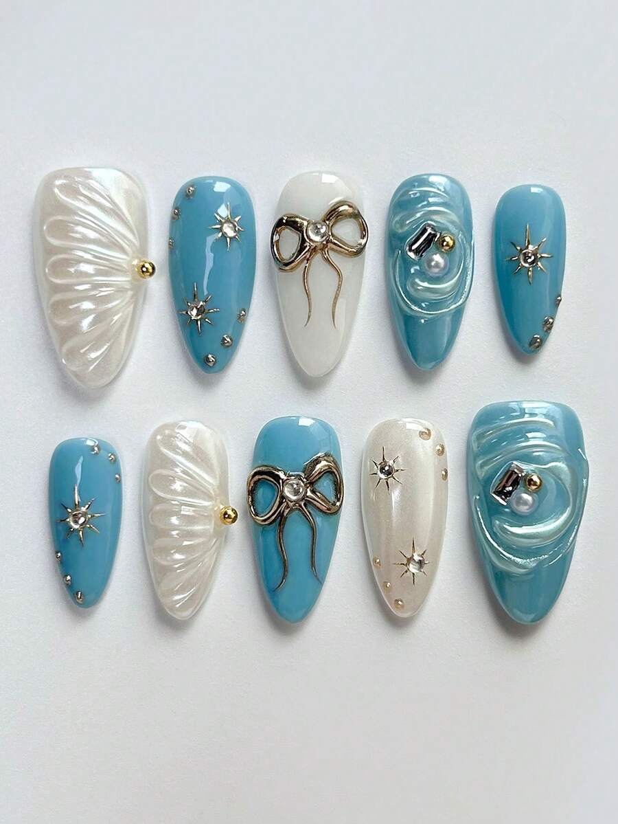 10 件浅蓝色手工按压指甲，杏仁形手工假指甲，3D 贝壳，蝴蝶结，太阳装饰，适合女孩和女士日常使用，节日指甲装饰，含果冻胶和指甲锉 美甲用品