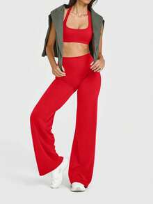 OQQ Yoga Pants Women High Waist Stretch Casual Soft Straight Leg Bottoms - 紅色 - 查看 2