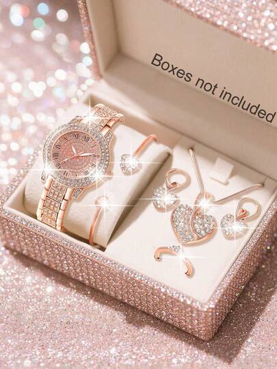 1 Set Elegant Women's Quartz Watch Set, Includes Heart Pendant Necklace, Earrings, Ring And Bracelet, Perfect Gift For Ladies. The Watch Band Is Made Of Diamond Alloy Material, Paired With A Classic Round Dial With Roman Numerals, An Ideal Choice For Sisters And Mothers. Suitable For Daily Wear, Birthday Gifts, Parties, Holiday Gatherings, And Also An Ideal Gift For Yourself Or Friends. Does Not Include Gift Box.