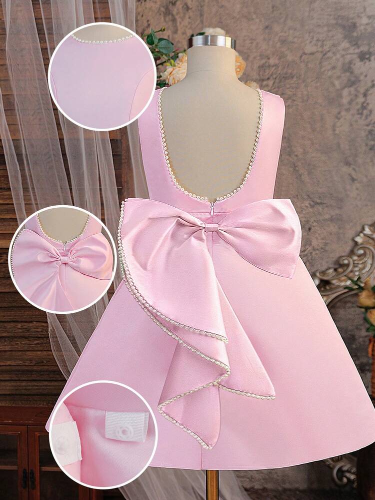 Vestido de Dama de Honra para Meninas Pré-Adolescentes com Laço Grande Sem Costas para Casamento, Festa, Vestido de Menina das Flores, Vestido de Baile Princesa da Moda para Dama de Honra, Vestido de Formatura Elegante, Cerimônia de Aniversário com Pérolas Falsas - Rosa chiclete - Visão 5