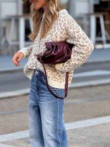 2025 Autumn/Winter New Women Casual Commuter Leopard Print Knitted Button Cardigan, Daily Autumn/Winter Long Sleeve Sweater - Apricot - View 3