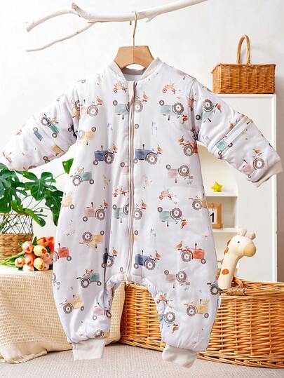 1 件拖拉机印花长袖婴儿睡袋，冬季保暖新生儿睡袋，柔软、舒适、透气