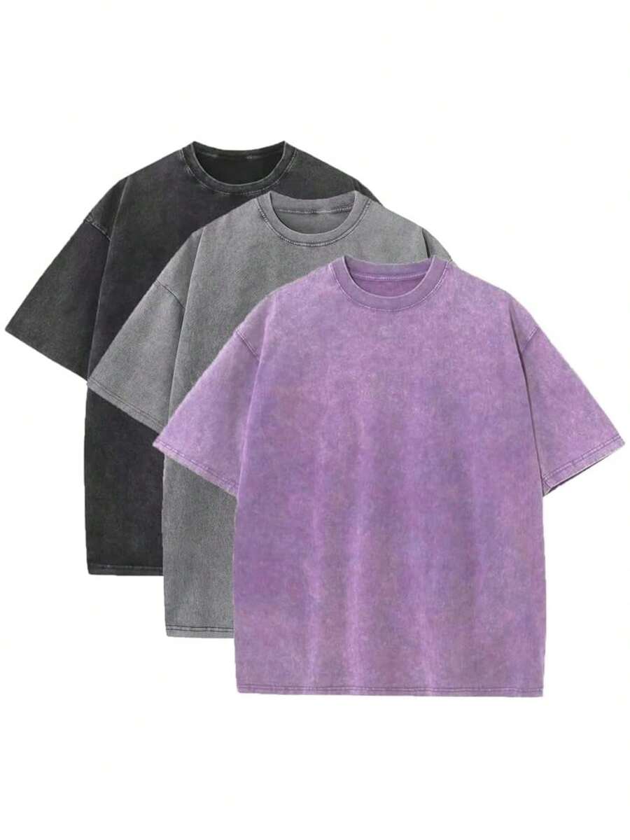 3 Pack Men's Vintage Washed Oversized Cotton T Shirts Loose Fit Short Sleeve Casual Streetwear Unisex Tops - 黑色+灰色+紫色 - 查看 1