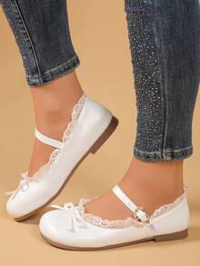Elegant Women's Bow Decor Lace Trim Flat Ballet Flats, Suitable For Spring/Autumn Outdoor Travel, Party, Music Festival, White Cute Princess Shoes For Christmas Performance - White - View 3