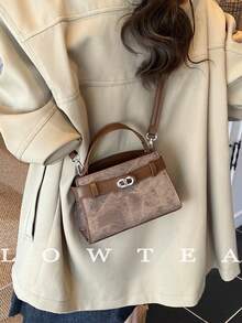 low tea 新款夏季荔枝纹女士手提包，时尚可调节肩带斜挎包，简约纯色高端金属装饰单肩通勤包，女士时尚钱包 - 棕色 - 查看 6