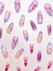 24 件/套法式杏仁形优雅 3D 海星和渐变紫色花朵设计按压式指甲，含 1 件果冻凝胶和 1 个指甲锉，浪漫甜美外观，适合日常佩戴和约会美甲用品 - 彩色 - 查看 4