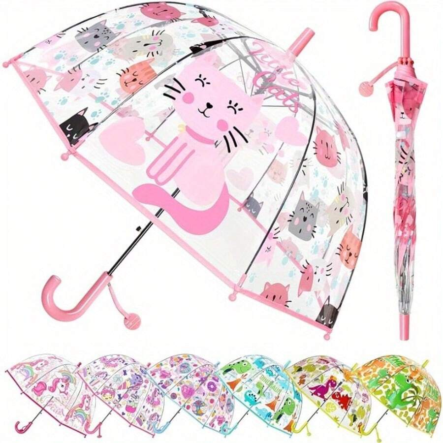 1pc New Children's Colorful Princess Umbrella With Bag Edge Cute Transparent Plastic Printed Unicorn Kindergarten Umbrella Boy Valentine Heart Valentine Summer Cooling,Beach,Travel - Hot Pink - View 1