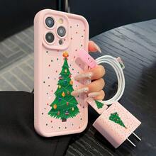 5 قطع مجموعة غطاء هاتف عيد الميلاد الوردي أنيق وفاخر، مناسب لموديلات 11/12/13/13 برو ماكس/14/14 برو/14 بلس/14 برو ماكس/15/15 برو/15 برو ماكس/16/16 برو/16 بلس، واقي شاحن، إكسسوارات الهاتف