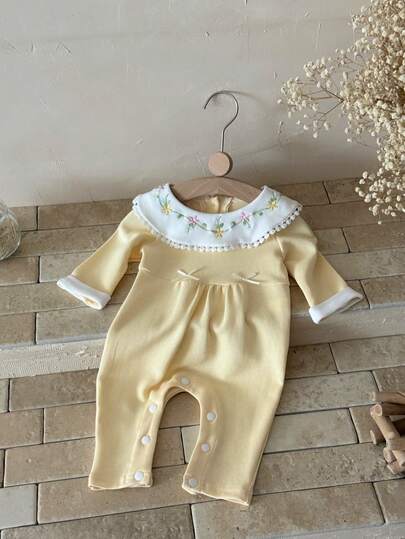 INS 新生女宝宝花卉刺绣领可爱长袖连体衣 黄色 春秋冬