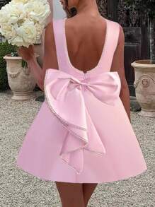 女童露背大蝴蝶结婚礼派对花童礼服，时尚伴娘公主舞会礼服，优雅毕业典礼生日女孩礼服，带仿珍珠 - 粉色 - 查看 3