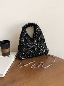 1pc Elegant Beige Sequin Embellished Minimalist Shiny Handbag, Suitable For Formal Events, Parties, Dates