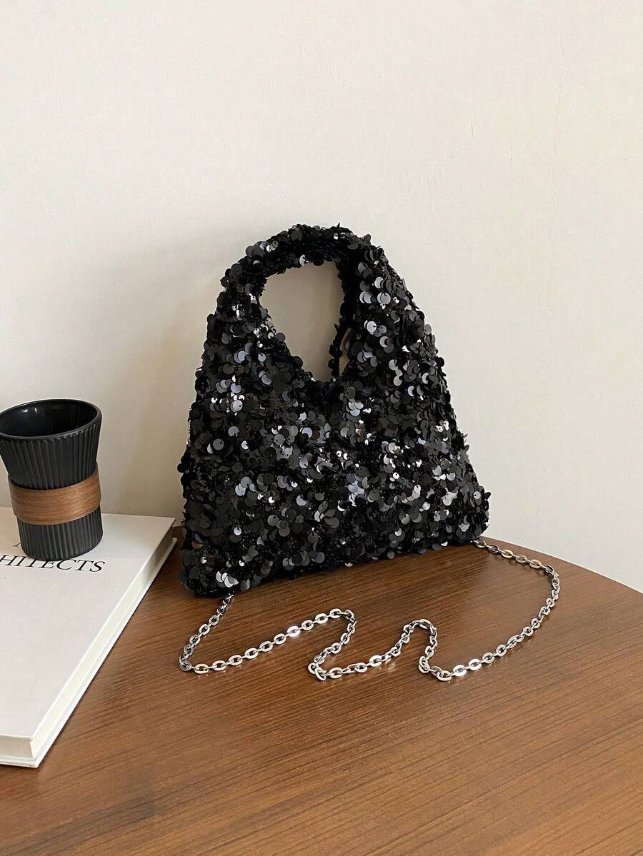 1pc Elegant Beige Sequin Embellished Minimalist Shiny Handbag, Suitable For Formal Events, Parties, Dates