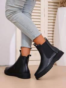 New Autumn Women's Chunky Heel Short Chelsea Boots, Inner Increased Height, Western Style Side Zipper - Black - View 6