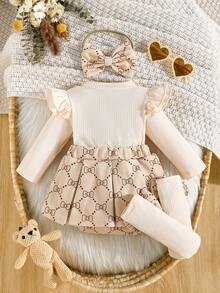 Baby Girls' Ribbed Ruffle Hem Bow Decor Bodysuit, Cute Infant Bodysuit With Socks And Headband Set - Apricot - View 2