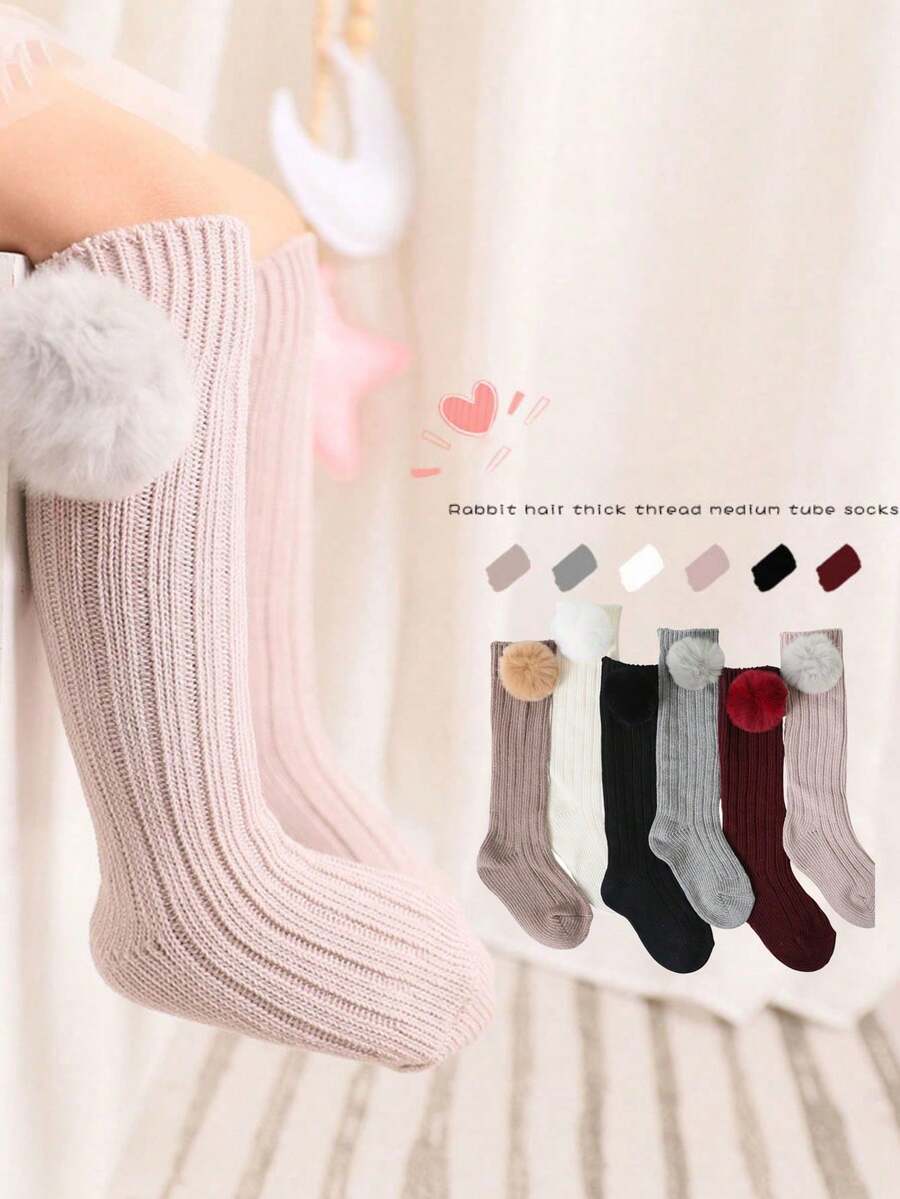 1 Pair Thick Warm Fuzzy Ball Mid-Calf Socks, Autumn/Winter