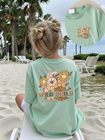 Young Girl "WILD CHILD" Floral Print Short Sleeve T-Shirt