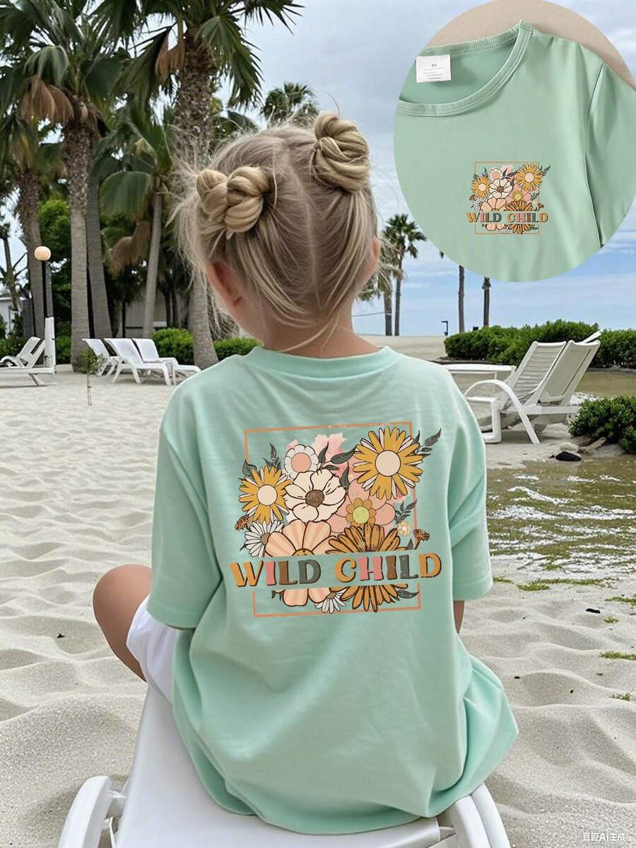 Camiseta de manga corta con estampado floral "WILD CHILD" para niña - verde menta - Ver 1