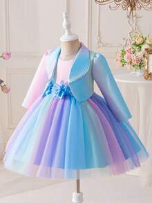 Girls Spring/Autumn Outfit, Collar Fashionable Dress Suit, Colorful Gradient Fluffy Princess Dress With 3D Floral Decor Mid-Length Dress, Children Versatile Top & Vest Dress 2 Pieces Set, Stylish Casual Top, Birthday Party, Holiday, Performance Dress Suit - Blue - View 3
