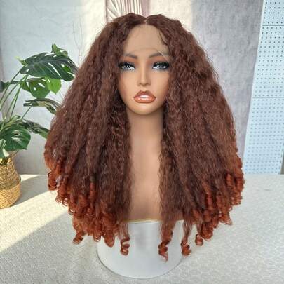 13*4*1 T-Part Swiss Lace Wig, 20inch Natural Color Ombre Curly Short/Medium Hair, Fluffy Suitable For Daily Wear, Heat Resistant Synthetic Full Wig