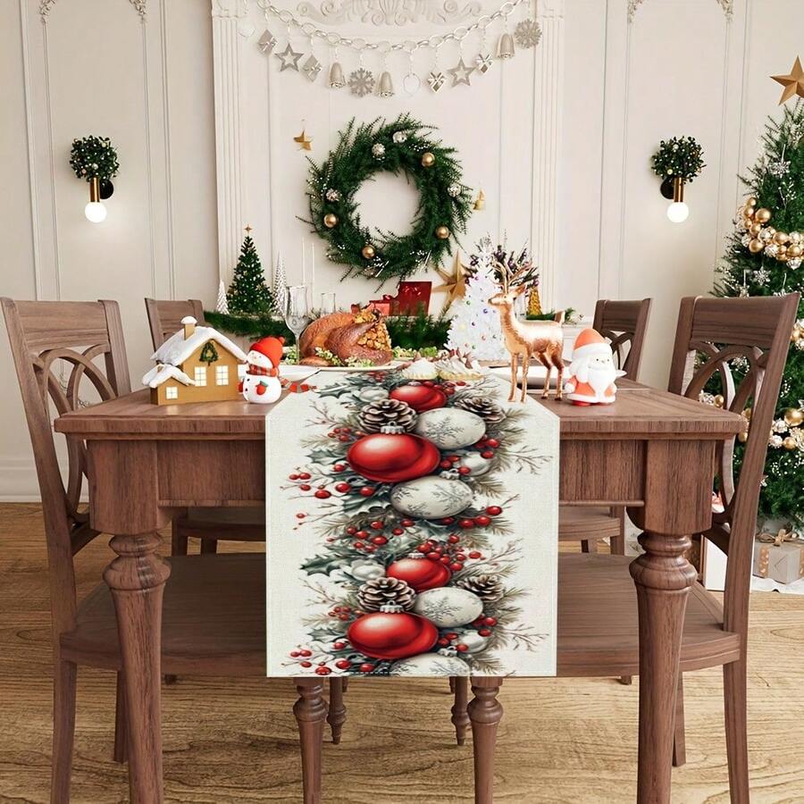 1pc Christmas Table Runner, Buffalo Plaid Pattern, Farmhouse Style Linen-Like Decor Flag For Christmas Party, Seasonal Home Decoration For Kitchen, Dining Table, Coffee Table, Holiday, Wedding