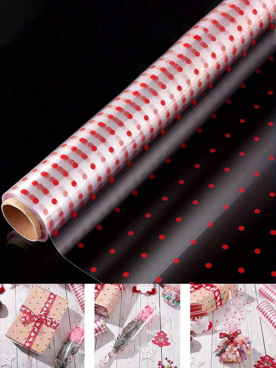 1卷透明包装纸，宽15.7英寸，长98英尺，厚2.3密耳，适用于礼品篮、花束包装和手工制作，红色波点图案 - 彩色 - 查看 1