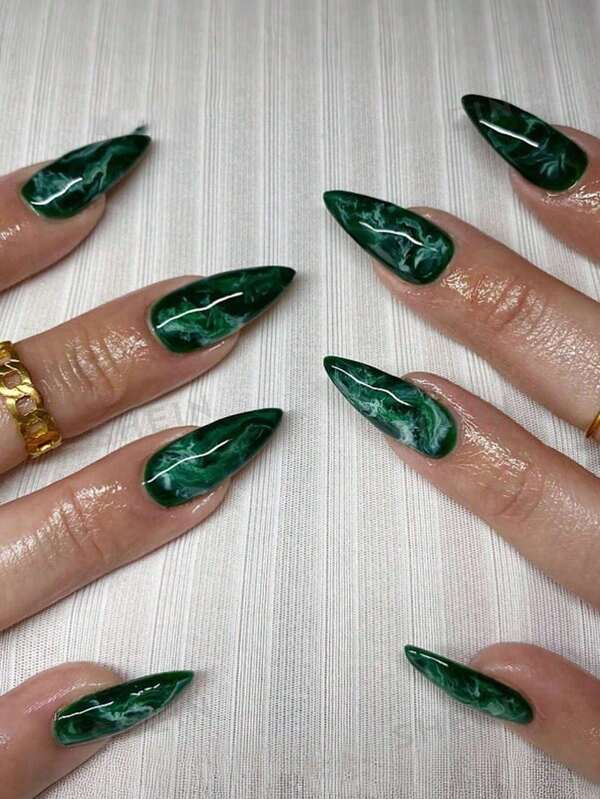 24 Pcs Medium Almond Press On Nails Gradient Press On Nails With Green Blurring Like Marble Pattern Decoration Design Unique Style Glossy Full Cover Fake Nails For Women And Girls Daily Wear