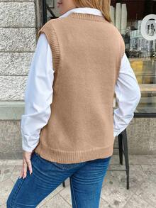 Women's Casual Loose Knitted V-Neck Vest With Cable Pattern, Autumn/Winter (Shirt Not Included) - Khaki - View 2