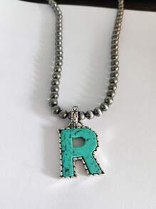 1pc Western Country Style Vintage Textured CCB Multicolor Leopard Print Black & White Plaid 26 Letter Minimalist Pendant Necklace, Sweater Chain