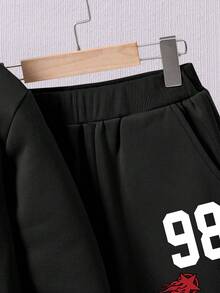 男童卡通印花保暖连帽衫和运动裤套装 - 黑色 - 查看 5