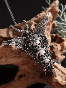 1pc Niche Vintage Gothic Skeleton Wing Pendant Necklace, Fashionable & Unique Halloween Accessory - Silver - View 2