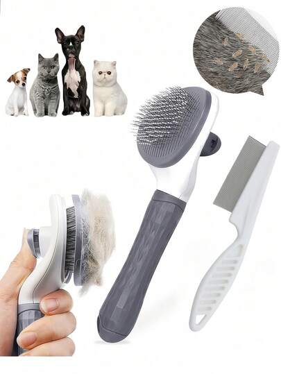 2pcs Dog Brush Cat Comb, Pet Comb, Self Cleaning Pet Hair Removal Brush, Happy Dog, Cat Brush, Cat Necessities, Dog Supplies, Dog Cat Lice Comb Grooming Tools Pet Hair Removal Comb Dog Accessories