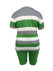 Plus Size Women's Fashion Two-Piece Suit, Round Neck Short-Sleeved Top And Shorts Set, Striped Print Short-Sleeved Shorts Two-Piece Suit - 綠色 - 查看 2