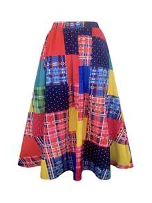 Plus-Size-Holiday Chic Bohemian Plaid Print Patchwork Elastic Waist Waist Side Pocket Half Skirt. - Pink - View 9