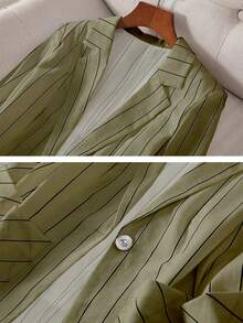 女式休闲条纹单扣七分袖西装外套，春夏 - 軍綠色 - 查看 6